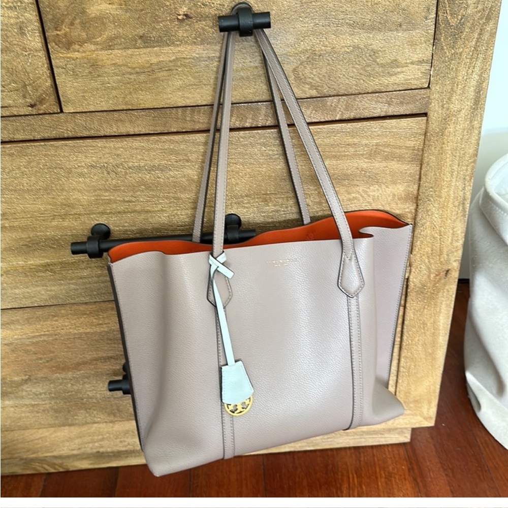 Tory Burch perry leather tote taupe and blue and orange